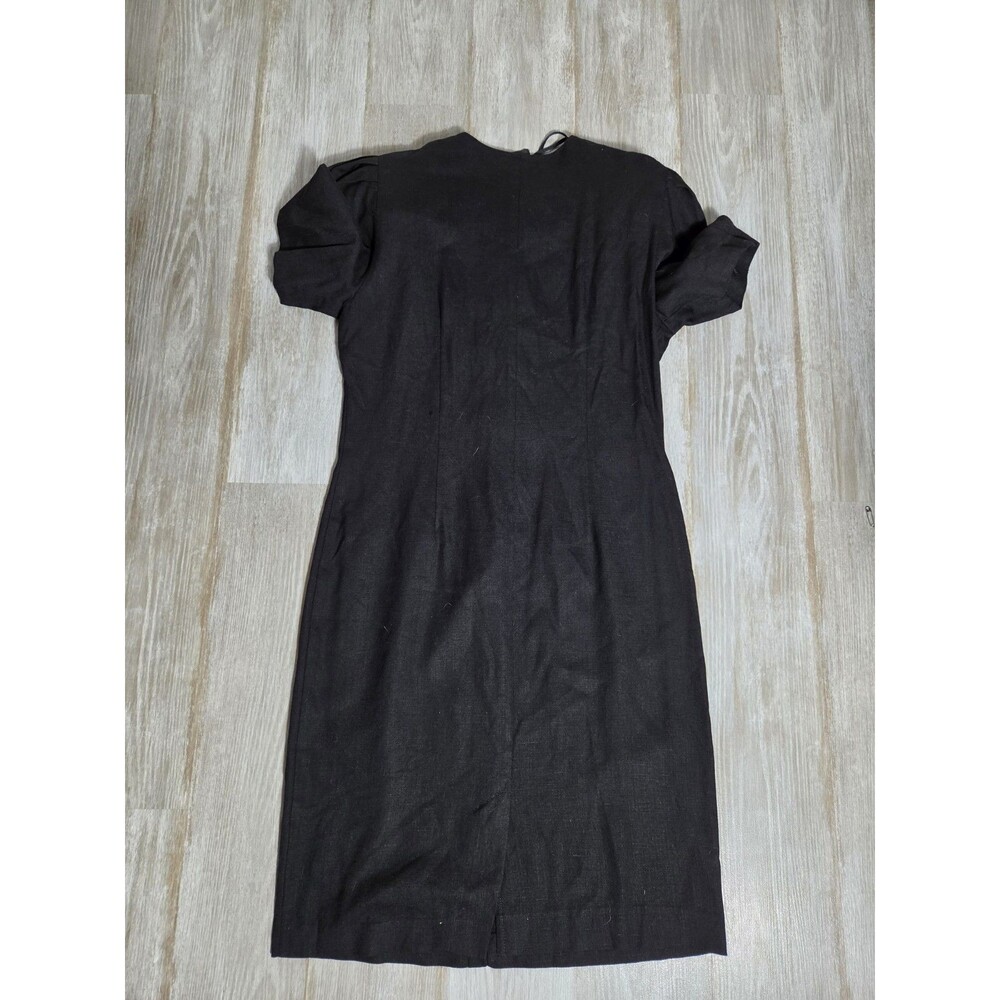VTG Positive Attitude Black Linen Blend Sheath Dress Button Puff Sleeve 9/10 EUC - Picture 9 of 10